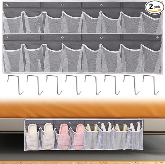 2 Pack Bedside Hanging Shoe Organizers, 8 Large Mesh Pockets with 4 Hooks Shoes Boots Organizer, RV Shoe Storage Pockets Space Saving, Closet Organizers for Caravan Bathroom Bedroom Closet