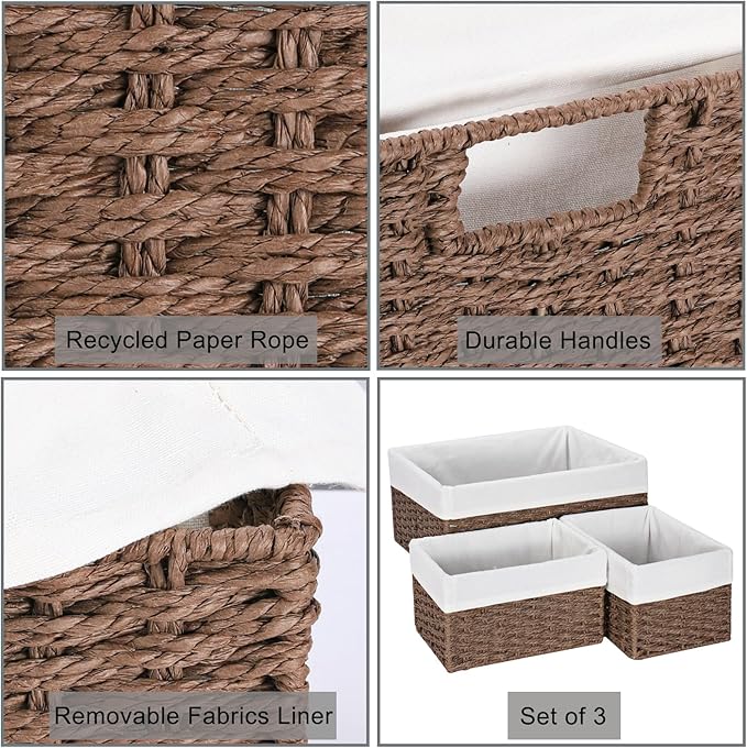 Vagusicc Wicker Basket, Set of 3 Hand-woven Storage Baskets for Organizing, Decorative Rectangle Wicker Storage Basket Bins with Handles, Small Toilet Paper Storage Baskets for Shelves & Decor, Brown