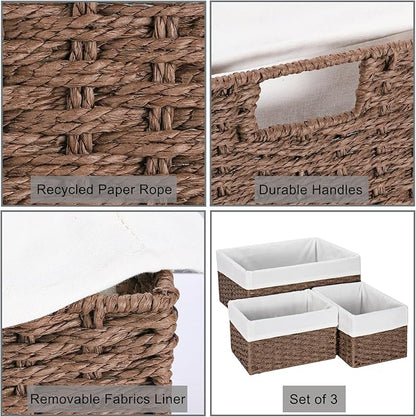 Vagusicc Wicker Basket, Set of 3 Hand-woven Storage Baskets for Organizing, Decorative Rectangle Wicker Storage Basket Bins with Handles, Small Toilet Paper Storage Baskets for Shelves & Decor, Brown