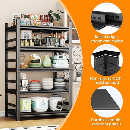 5 Tier Kitchen Storage Rack, Adjustable Metal Shelving Unit, Heavy Duty Bakers Rack with Solid Shelves for Kitchen Pantry, Coffee Bar, Estantes para Cocina - 31.5"W x 13.8"D x 71.2"H, Black