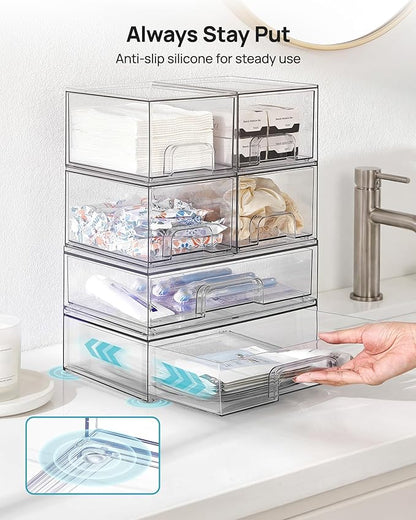Vtopmart Stackable Storage Drawers Set of 6, Clear Plastic Organizer Bins for Bathroom Supplies, Ideal for Cabinet,Shelf, Pantry, Laundry Room Organization