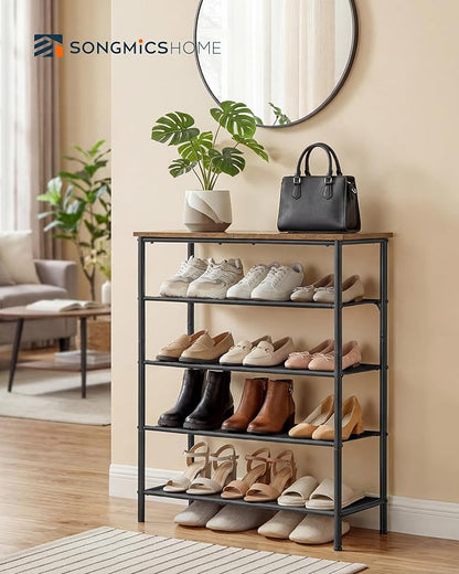 SONGMICS HOME 5-Tier Shoe Rack, Free Standing Shoe Storage Organizer, 12 x 29.7 x 36 Inches, Metal Frame with Top Surface for Closet Entryway, Rustic Brown and Black