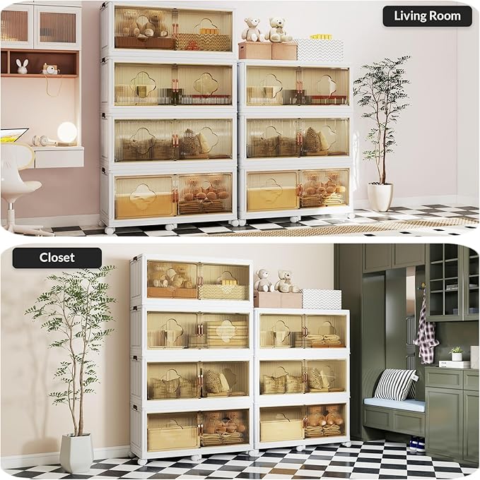 Stackable Storage Bins with Lid & Wheels, 136 Gal/544 Qt Extra Large Plastic Storage Containers, Foldable Collapsible Organizer Box for Garage, Pantry, Closet (4-Pack, Cream White)