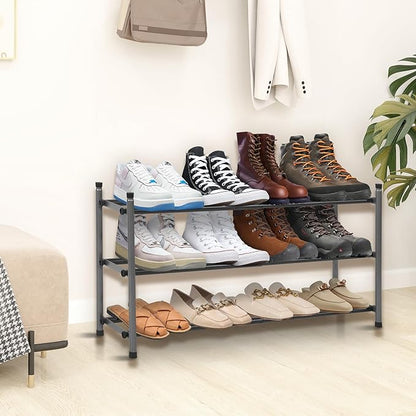 Shoe Rack, Expandable Shoe Storage Organizer for Closet, 3 Tier Metal Shoe Rack for Entryway, Adjustable Small Shoe Shelf for Front Door Entrance, Small Space, Garage