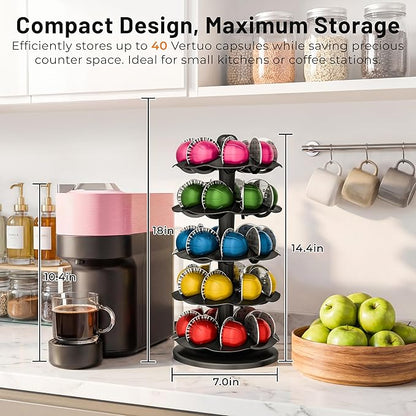 EVERIE Coffee Pod Holder for Nespresso Vertuo Capsules, 40-Pod Rotating Carousel Organizer, Space-Saving Countertop Display, Smooth Spin & Secure Upright Slots, Fits All Vertuo Sizes (Black)