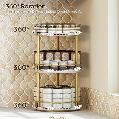 Yatiney 3-Tier Lazy Susan, Rotating Spice Rack, Spinning Organizer, Industrial Turntable Spice Rack for Cabinet, Kitchen Countertop, Pantry, White and Gold SR23DW