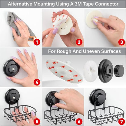 HASKO 2 Pack Suction Cup Soap Dish for Shower Wall, Rustproof Stainless Steel, Shower Soap Holder with Hooks, Includes Optional No Drill Adhesive Mount for Bathroom, 2 Soap Savers, Black