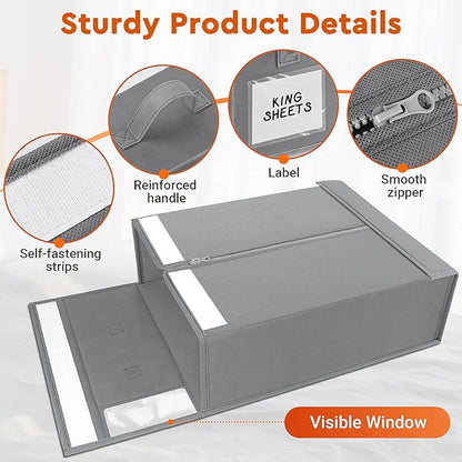 StorageTastic 8 Pack Bed Sheet Closet Organizers and Storage,Sturdy Foldable Storage Containers with Window and Label,Storage and Organization for Bedding Sheets,Duvet Covers,Blankets (Grey)