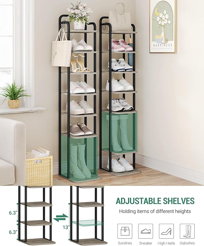 Hzuaneri 8 Tiers Vertical Shoe Rack, Narrow Shoe Tower, Tall Shoes Shelf with 2 Hooks, Adjustable Shelves, Corner Shoes Shelves for Small Spaces, Entryway, Living Room, Greige SR04305B