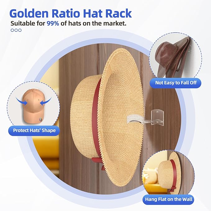 Cowboy Hat Rack(12Pack) - Wide Brimmed Organizer - Strong Adhesive Cowboy Holder - 2.2Inch Hooks for Walls - 2 Mounting Option Holder - Hangers for Doors and Closets - Clear