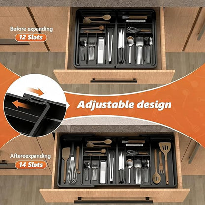 Utensil Organizer for Kitchen Drawer, Expandable Cooking Silverware Tray,Large Silverware Drawer Organizer，Plastic Spatula Tools Storage Divider, 21.6-38", Black