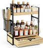 2-Tier Bathroom Counter Organizer with Drawer Basket and Hooks, Wood Bathroom Organizers and Storage for countertop, Farmhouse Brown Countertop Organizer, Counter Shelf for Vanity, Kitchen, Office