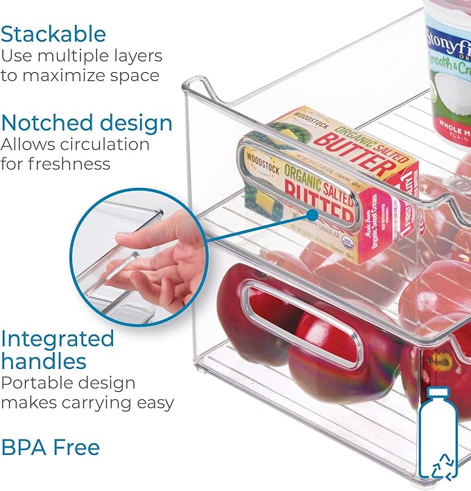 iDesign 50% Recycled Plastic Refrigerator Set, Made in The USA – Versatile Design Ideal for Freezer, Pantry, and Cabinet Organization, Two 5” x 5” x 14” and Two 10” x 5” x 14” Bins, Clear