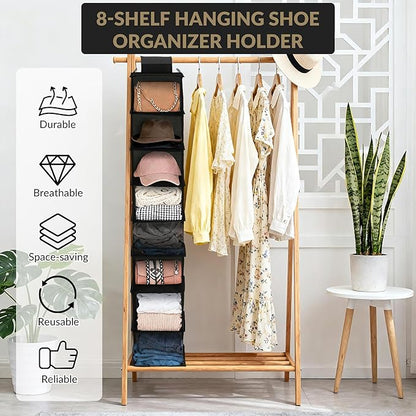 Garvee 3-Tier Hanging Shoe Organizer for Closet, Gray 8-Shelf Storage Holder with 2 Hooks, No Tools Needed Installation, Space-Saving Shelf for Shoes, Purses, Scarves, Accessories (3 Pack)