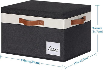 Large Storage Bins with Lids, Foldable Fabric Storage Baskets with Lids, Sturdy Storage Boxes with Labels and 3 PU Handles for Closet Home Bedroom Office (3 Packs, Black&White)