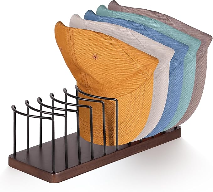 Hat Organizer for Baseball Caps, Wooden Tabletop Hat Rack Holder for 10 Hats Hat Display Stand for Closet Organizers and Storage Brown 1 Pack