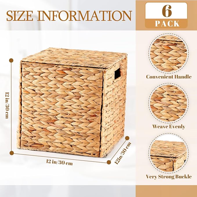 Jinei 6 Pcs Wicker Storage Basket with Lid Bulk 12 x 12 x 12 Inch Handwoven Water Hyacinth Cube Bin with Handles Woven Laundry for Organizer Shelves Wood Color