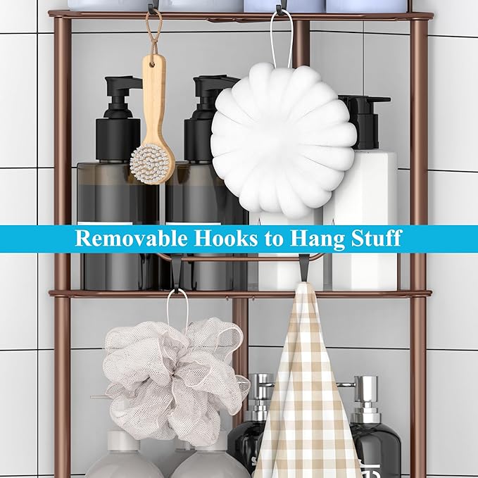 HuggieGems 4 Tier Floor Standing Corner Shower Caddy Organizer Shelf with Hooks, Bathroom Shelves Stand Rack, Coffee