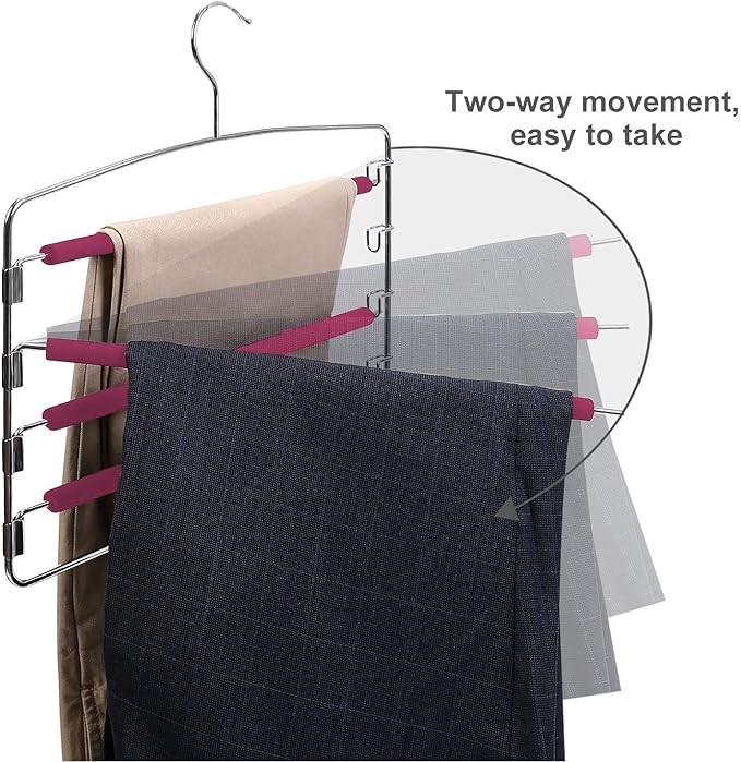 Swing Arm Pant Hangers 2 Pack Non-Slip Multi Layers Removeable Stainless Steel Pant Jean Slack Hangers Foam Padded Rotatable Hook for Space Saving Clothes Trousers Closet Organizer