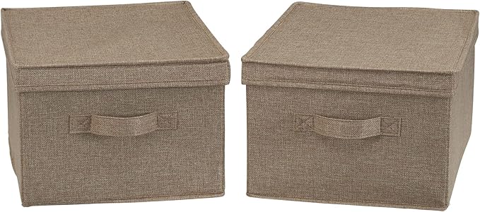 Household Essentials Large Fabric Storage Bins 2 Pack, Soft Poly Linen with Sturdy Sides, Attached Handle and Fully Removable Lid, Brown