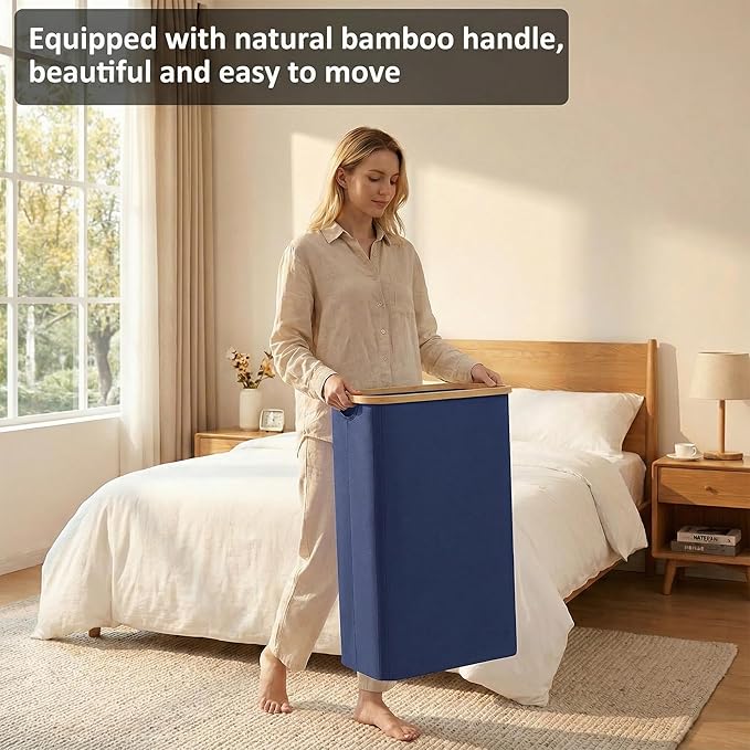 Slim Laundry Basket,60L Laundry Hamper with Lid, Tall Hamper for Laundry,Dirty Cloth Hamper with Bamboo Handle for Toys,Towels, Clothes Organizing, Navy Blue