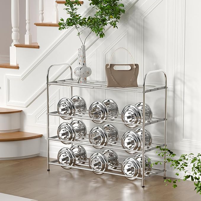 4 Tier Expandable Shoe Rack for Closet, Stainless Steel Shoe Shelf, Strong Weight Capacity Shoes Organizer, Easy to Install and Saving Space Standing Shelf with Sturdy Frame(4 Tier)