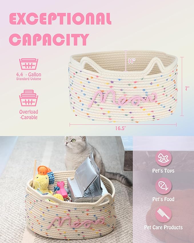 Sea Team Cat Toy Basket with Handles, 16.5 x 11 x 7 Inches, 4.4 Gallons Large Cotton Rope Storage Bin, Box, Shelf Organizer for Pet Chew Toys, Foods, Rainbow Meow