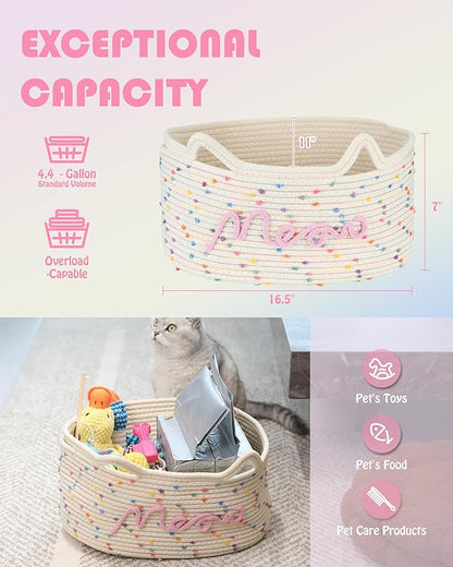 Sea Team Cat Toy Basket with Handles, 16.5 x 11 x 7 Inches, 4.4 Gallons Large Cotton Rope Storage Bin, Box, Shelf Organizer for Pet Chew Toys, Foods, Rainbow Meow