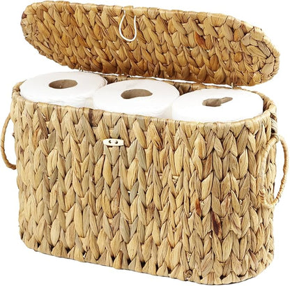 Toilet Paper Storage Basket with Lid, Water Hyacinth Slim Toilet Paper Holder - Holds Up to 6 Mega Rolls, Wicker Basket for Bathroom Accessories Decor Organizer