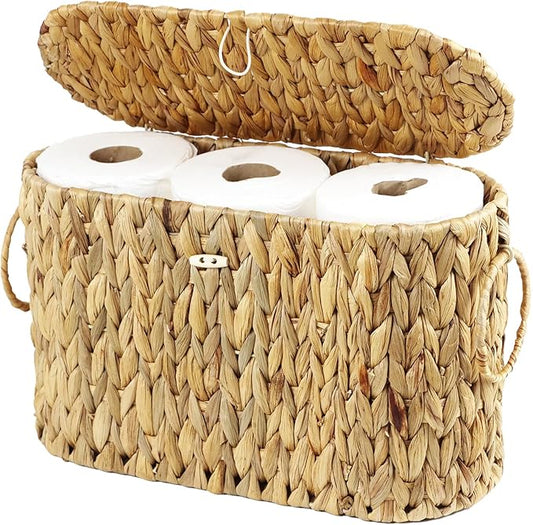 Toilet Paper Storage Basket with Lid, Water Hyacinth Slim Toilet Paper Holder - Holds Up to 6 Mega Rolls, Wicker Basket for Bathroom Accessories Decor Organizer