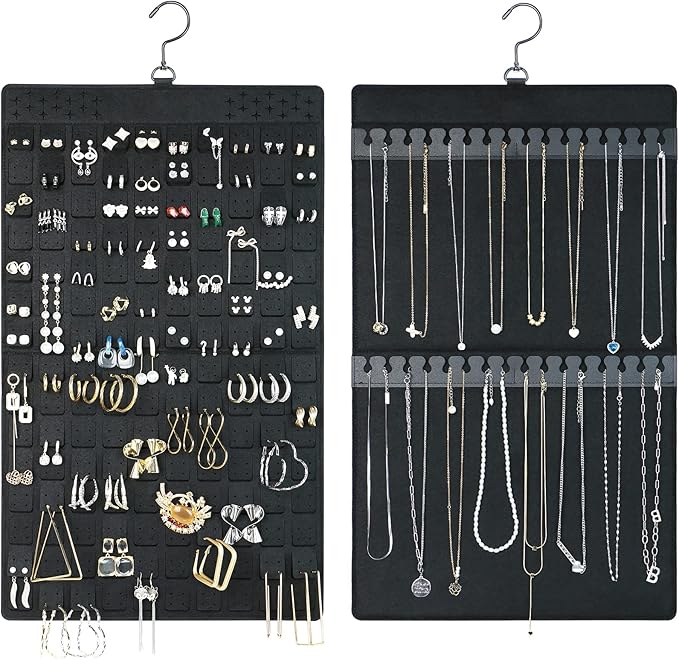 Dual Sided Hanging Jewelry Organizer with Hanger for Small Closet,Tangle Free Necklace Holder Over Door Large Capacity 300 Earrings+30 Necklaces, Soft Sturdy Felt Material,Gift Ready,1 Pack
