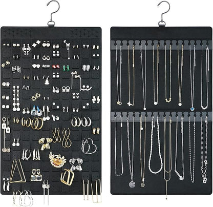 Dual Sided Hanging Jewelry Organizer with Hanger for Small Closet,Tangle Free Necklace Holder Over Door Large Capacity 300 Earrings+30 Necklaces, Soft Sturdy Felt Material,Gift Ready,1 Pack
