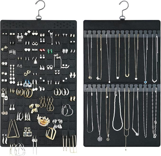 Dual Sided Hanging Jewelry Organizer with Hanger for Small Closet,Tangle Free Necklace Holder Over Door Large Capacity 300 Earrings+30 Necklaces, Soft Sturdy Felt Material,Gift Ready,1 Pack