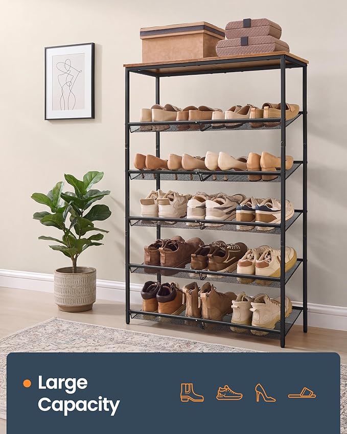 SONGMICS HOME 6 Tier Shoe Storage Organizer, Freestanding Shoe Rack, Dense Mesh, for Living Room, Bedroom, Entryway, Rustic Brown and Black