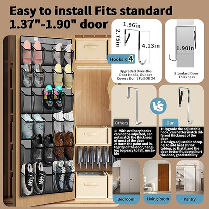PAULONE Over the Door Organizer with 30 Large Pockets, 3 Sizes of Closet Hangers, Holds up to 69 lbs, Hanging Organizer with Clear Window for Children's Toys, Shoes, Diapers (Gray)