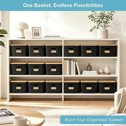 Bagnizer 2 Pack Tall Plastic Storage Bins with Bamboo Lids, 10.8qt Stackable Storages Baskets for Organizing Desktop Closet Playroom Classroom Office, 12"L x 8.3"W x 6.1"H, Black