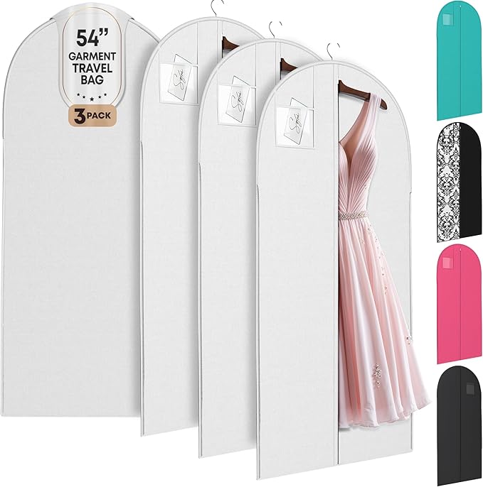 Luxury On the Go Black Suit Bag, Dress, and Travel Gown Garment Bags – 54" Hanging Garment Bag with Clear ID Window – Lightweight & Tear-Resistant – 3 Pack for Dresses, Prom, Evening Gown