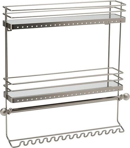 Home Details Wall Mounted Jewelry Organizer | Dimensions: 14.6"x 3.9"x 15.6" | 2 Tier Mirror | Home Organization | Great for Bracelets | Necklaces | Earrings | Mirror Based Shelf | Satin Finish