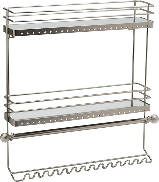 Home Details Wall Mounted Jewelry Organizer | Dimensions: 14.6"x 3.9"x 15.6" | 2 Tier Mirror | Home Organization | Great for Bracelets | Necklaces | Earrings | Mirror Based Shelf | Satin Finish
