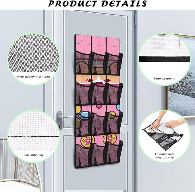 Over The Door Hanging Storage Pockets, Behind The Door Organizer, Closet Door Organizer with 12 Mesh Pockets for Bedroom Bathroom,Cute Dog