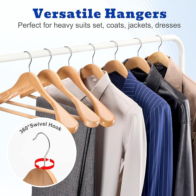 HOUSE DAY Wide Shoulder Wooden Hangers 12 Pack, Wood Suit Hangers for Men with Non Slip Pants Bar, Smooth Finish Solid Wood Coat Hanger for Jacket, Pants, Dress, Heavy Clothes Hangers (Natural)