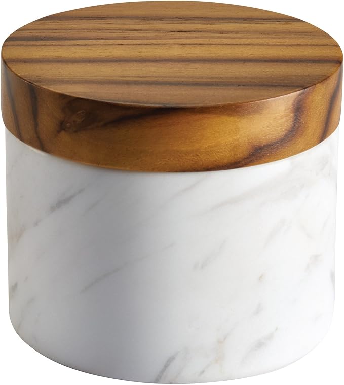 Anolon Pantryware Marble Salt Cellar with Teak Lid / Marble Salt Box with Teak Lid - 5.25 Ounce , White