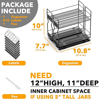 SpaceAid Pull Out Spice Rack Organizer for Cabinet, Heavy Duty Slide Out Seasoning Kitchen Organizer, Cabinet Organizer, with Labels, 7.7" W x10.75 D x10 H, 2 Drawers 2-Tier