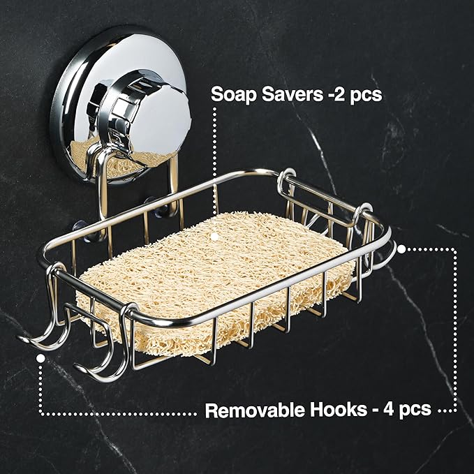 HASKO 2-Pack Suction Cup Soap Holder – Bar Soap Dish for Shower with Hooks for Bathroom – Optional Mounting with Adhesive Tape or Glue – Includes 2 Soap Savers – Stainless Steel SS304 - Silver