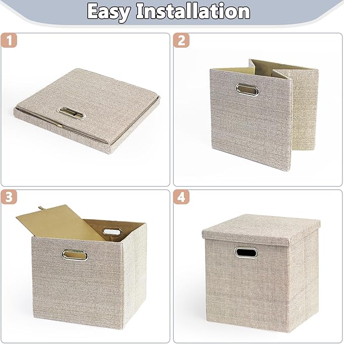 Storage Bins with Lids,13 x 13 Inch Foldable Fabric Cube Baskets Boxes Organizer for Closet, Shelves, and Home. (Khaki, (13x13) 3 pack)