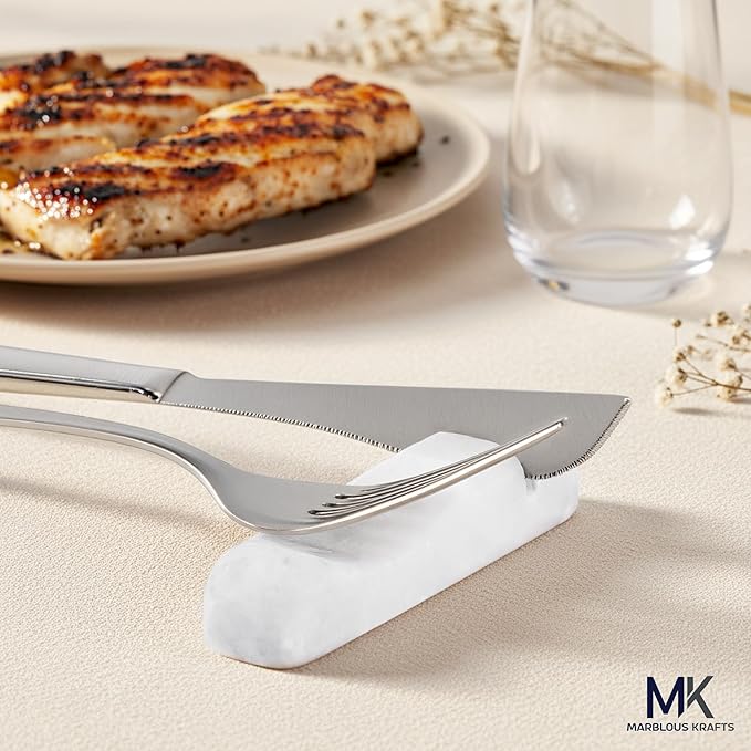 Marble Utensil Rest White Kitchen Counter Spoon Holder for Fork, Knife and Cutlery, Kitchen Utensil Rest for Clean and Organized Counter