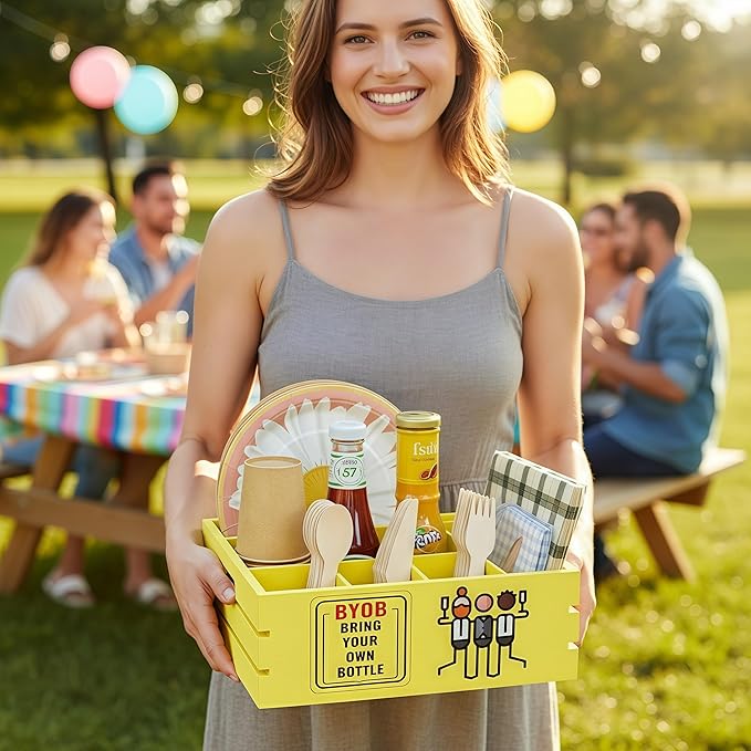 Utensil Holder for Party Farmhouse Crate Look - Yellow Napkin Paper Plate Dispenser for Countertop - Silverware Caddy for Plate, Cup, Fork, Spoon - Flatware Box Organizer for Outdoor Camping Picnic