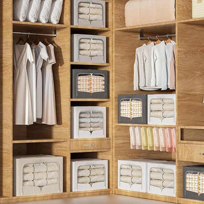 FHSQX 3 Pack Clothes Storage Bins - Foldable Metal Frame Storage Box - Stackable Linen Fabric Container Organizer Set with Carrying Handles and Clear Window (Cream White, 19.7x15.7x13inch(66L))