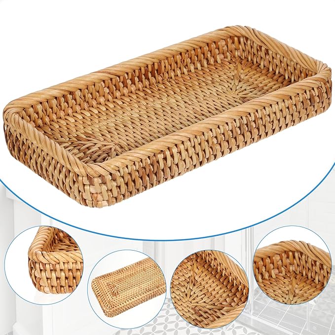 COMNICO Rattan Bathroom Vanity Tray, 10 Inch Natural Water Hyacinth Toilet Tank Baskets Decorative Wicker Vintage Storage Basket Topper Bins for Bathroom Kitchen Countertop Table