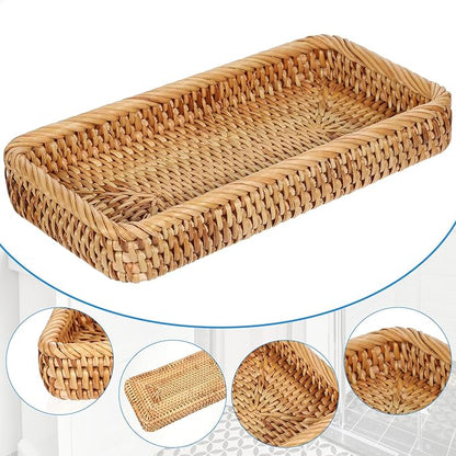 COMNICO Rattan Bathroom Vanity Tray, 10 Inch Natural Water Hyacinth Toilet Tank Baskets Decorative Wicker Vintage Storage Basket Topper Bins for Bathroom Kitchen Countertop Table